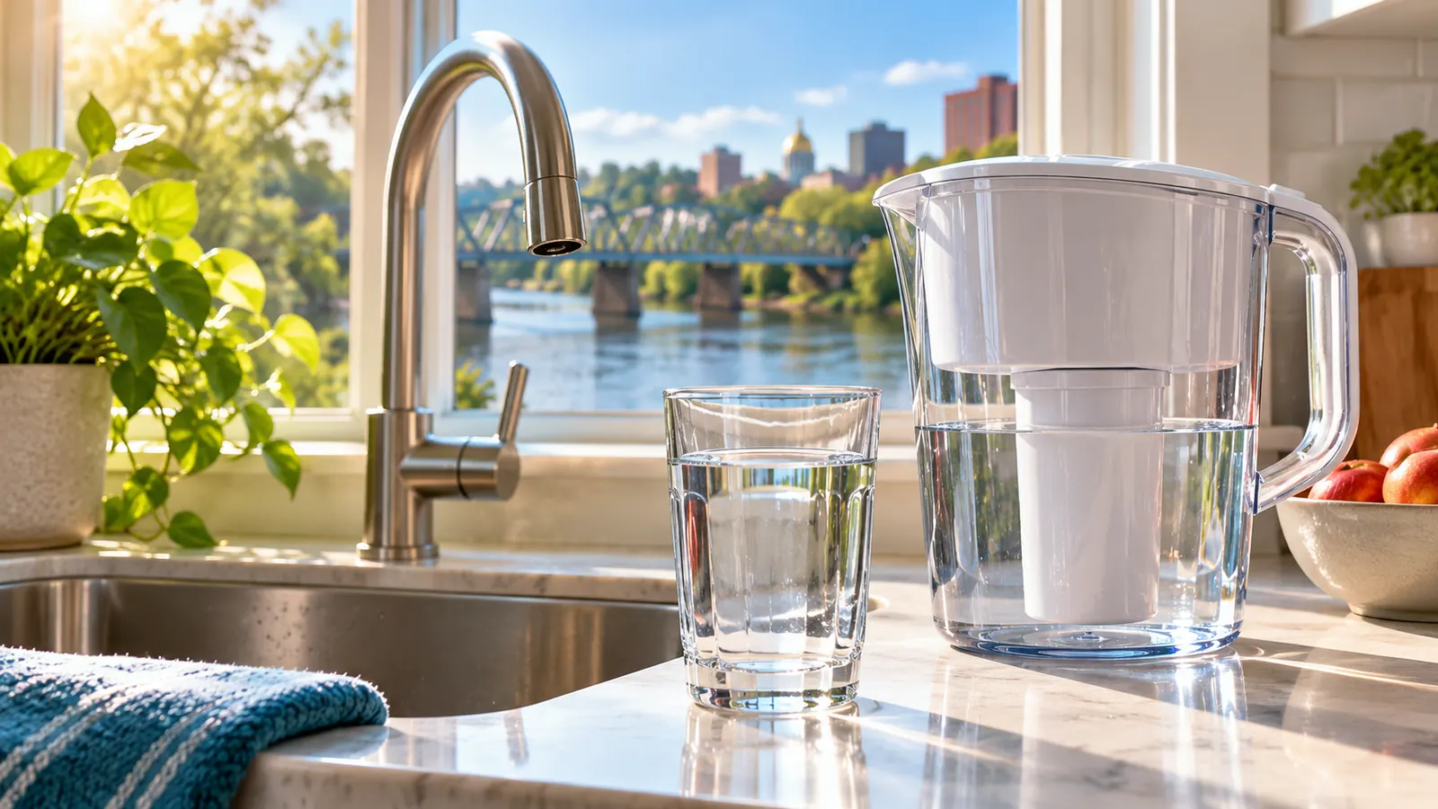 A glass of clear tap water beside a kitchen faucet with a plain water filter pitcher, morning light through a window