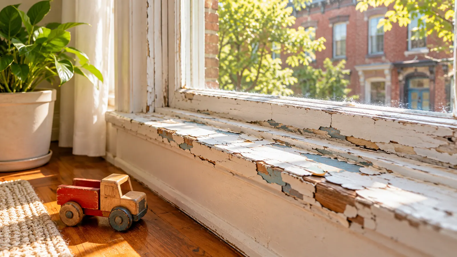 Peeling old paint on a wooden window sill of an older rowhouse, with a child's simple wooden toy on the floor below