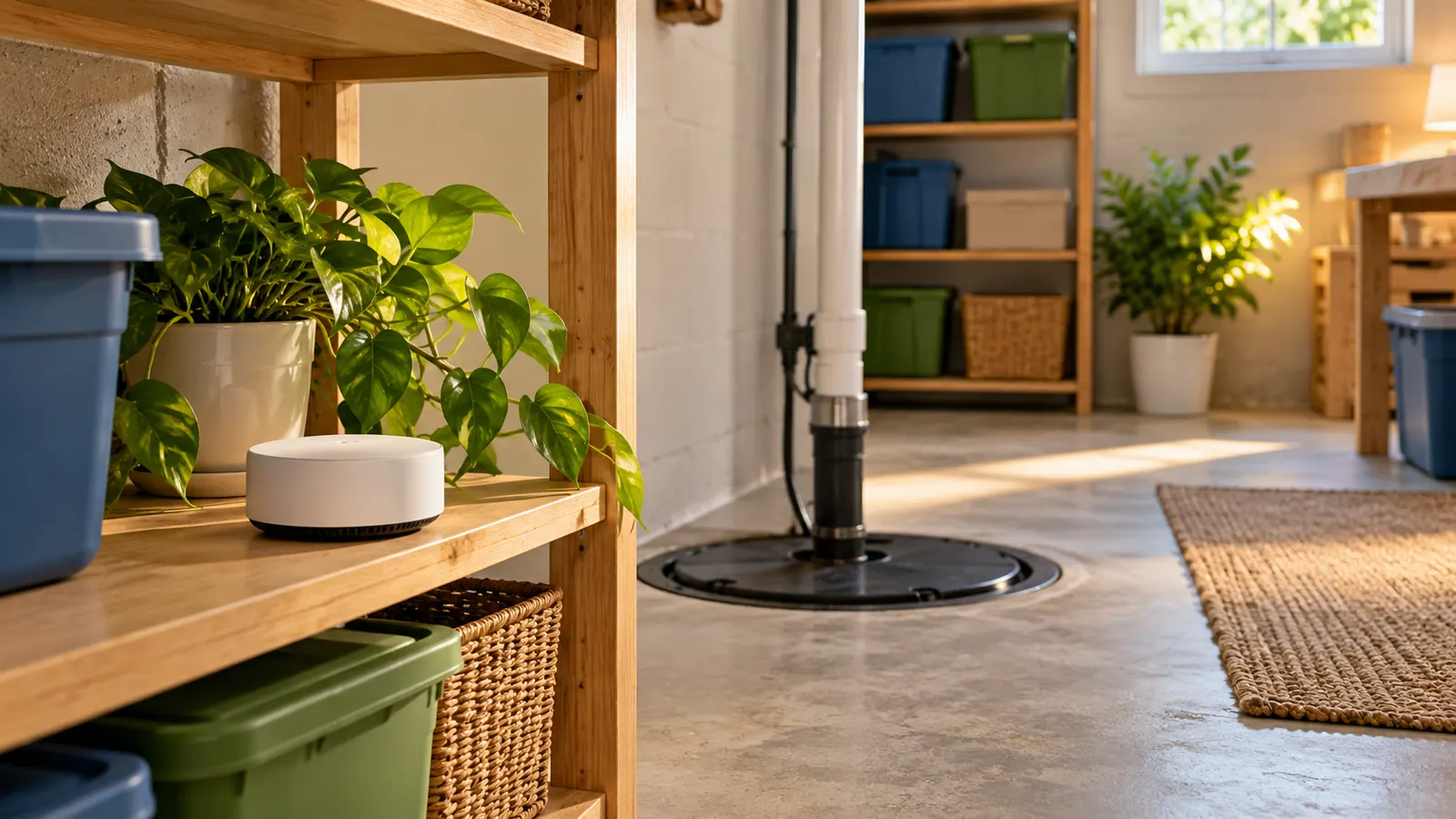 A small plain radon test kit device sitting on a shelf in a clean finished basement, a sump pit cover nearby