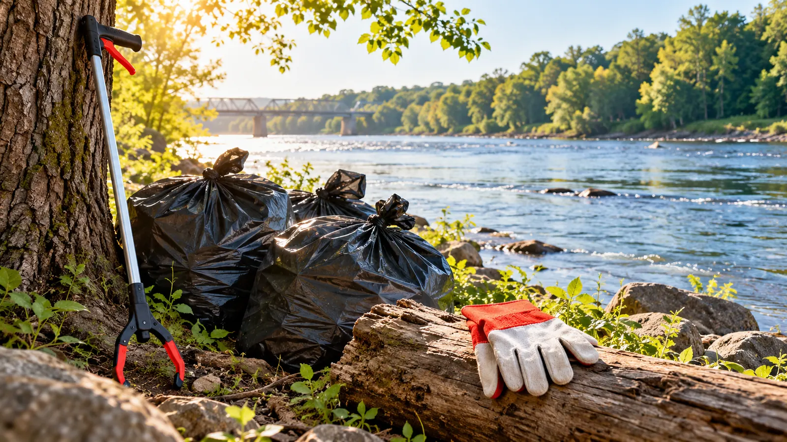 Filled plain trash bags, a pair of gloves on a log and a litter grabber leaning on a tree at a riverbank, clean water behind