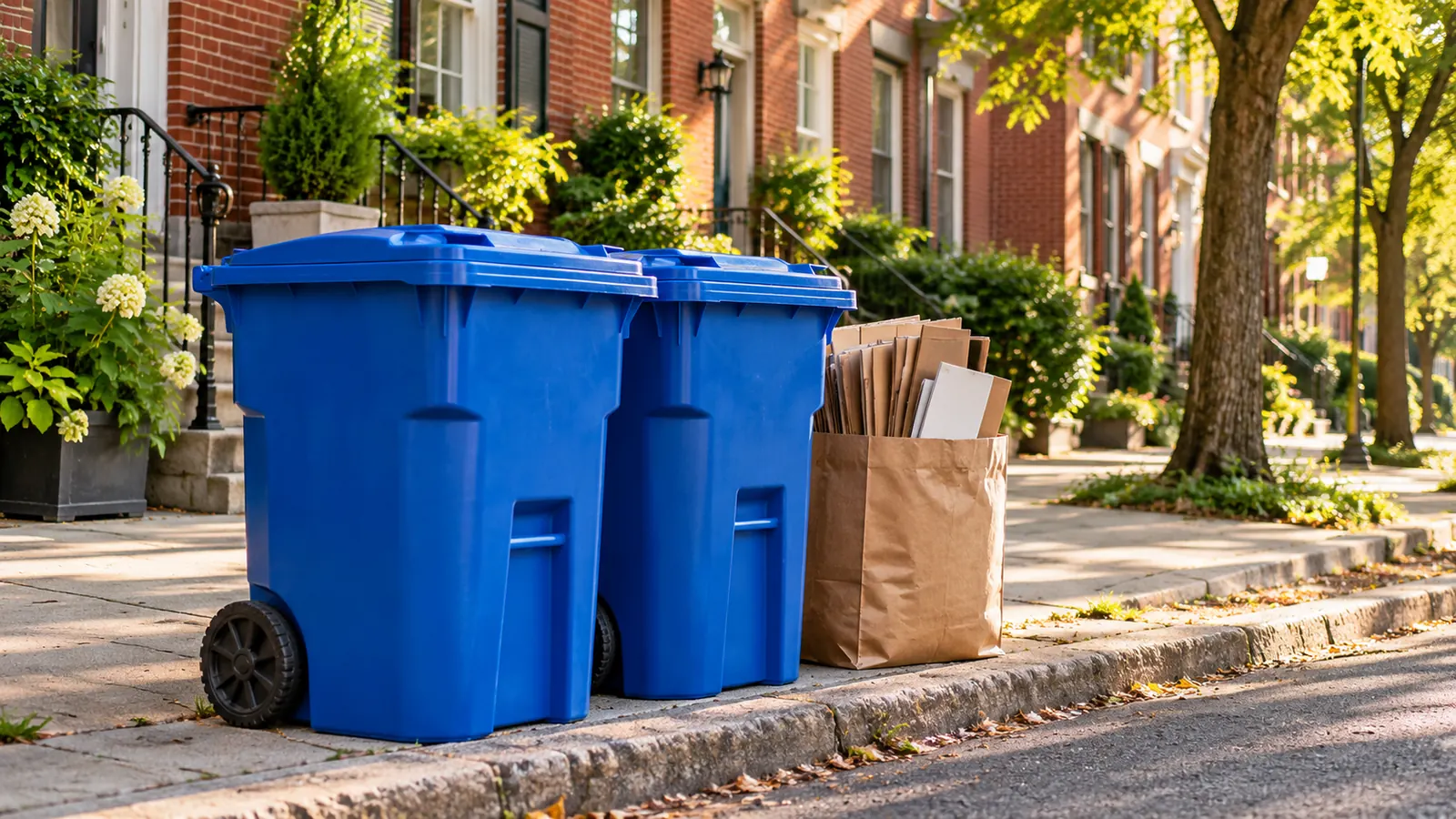 Two plain blue recycling carts and a paper bag of flattened cardboard at the curb of a brick rowhouse street in the morning